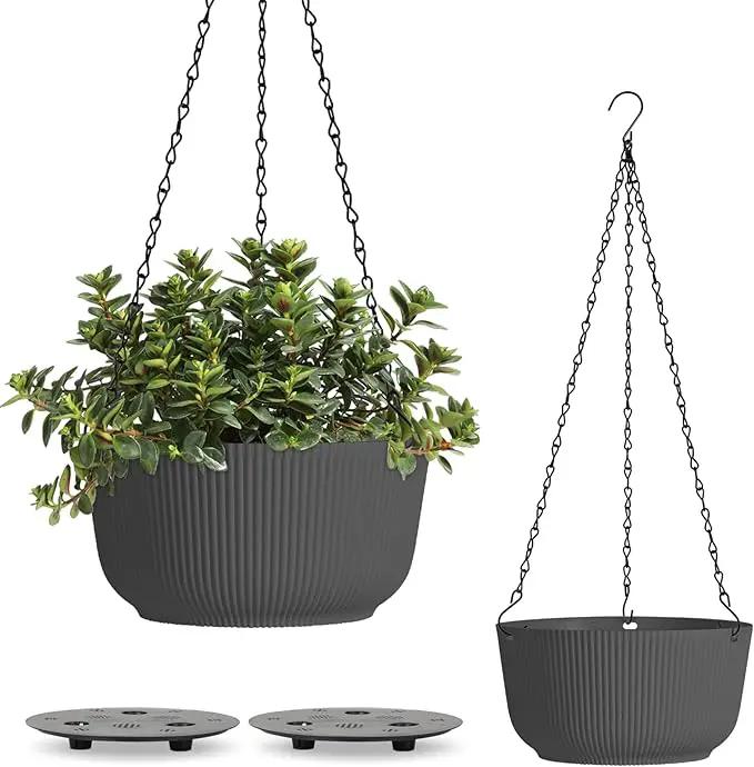 T4U 10 Inch Hanging Planters for Indoor Outdoor Plants, Hanging Plant Pot Pack of 2, Self Watering Hanging Pots with Drainage Hole & Plug & Chain with 3 Hooks for Garden Home Decor, Grey by GreenHaven Gardens