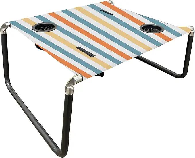 Neso Portable Beach Table with Cup Holders, Cell Phone Pockets, Lightweight for Picnics and Parks (Vintage Stripes) by GreenHaven Gardens