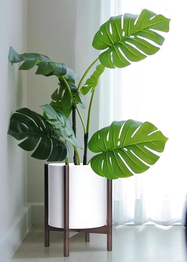 D'vine Dev Planter Pot with Stand - 14 Inch Plastic Cylinder Flower Pot with Wood Planter Holder for Indoor, Matte White Pot + Walnut Color Stand, 55-C-R-1 by GreenHaven Gardens