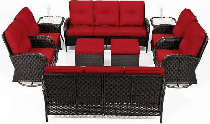 Joyside 10 Piece Patio Furniture Set, Outdoor Wicker Conversation Sets with Swivel Rocker Chairs and Sofa, Thick Cushion, Rattan Patio Sectional for Porch, Deck Use (Brown/Red, 10 PCS) by GreenHaven Gardens