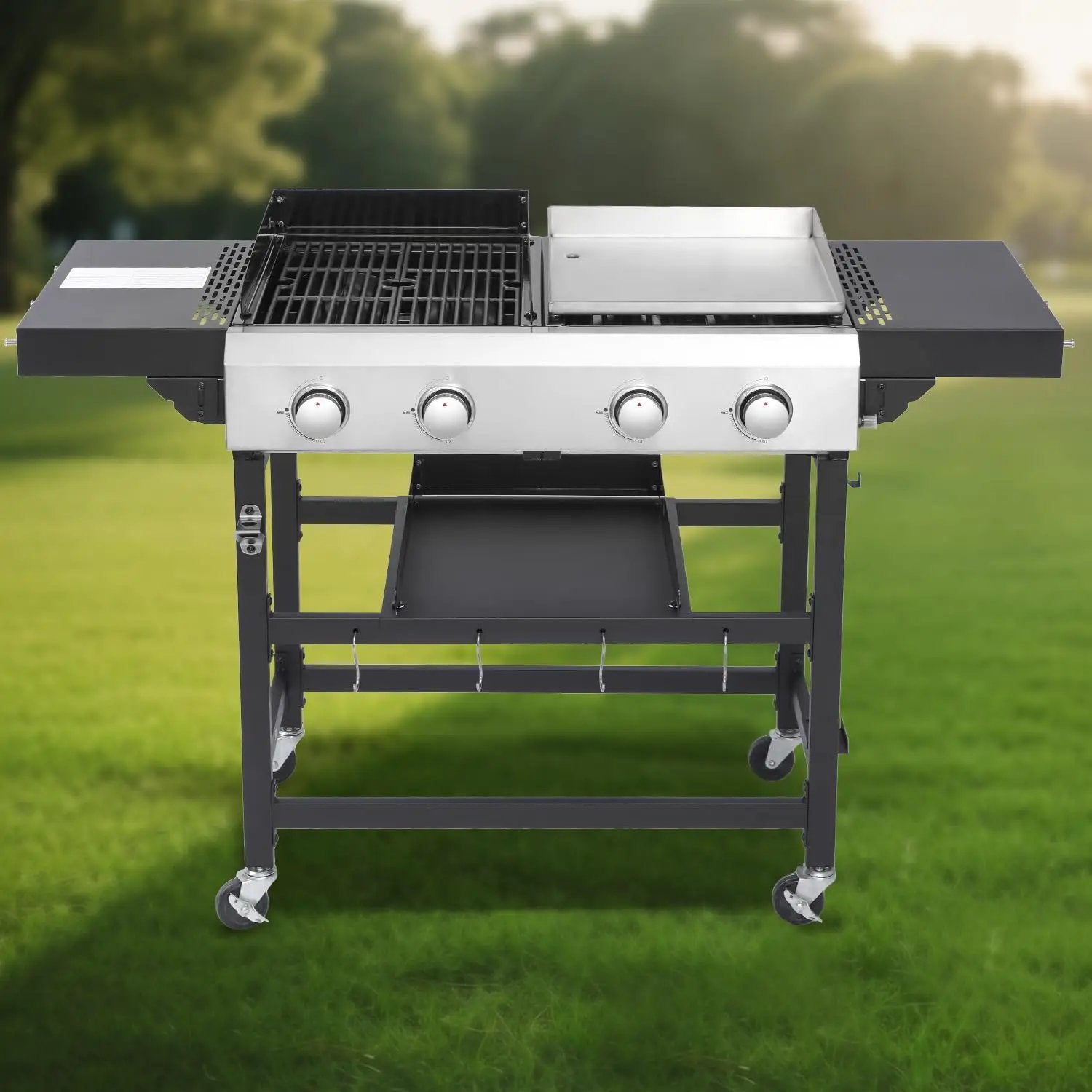4-Burner Propane Gas BBQ Grill with SS Plancha, 38,200 BTU Output, Wire Enamel Cooking Grids, Foldable Side Table and Hanging Basket, Heavy-Duty Stainless Steel Grill by GreenHaven Gardens