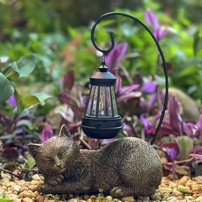 Resin Cat Statue with Solar Lantern, Eye-catching Garden Sculpture & Lawn Decor, 13" Height Outdoor Cat Figurine for Garden Yard Patio Porch Decorations, Cat Statues Outside Ornament by GreenHaven Gardens