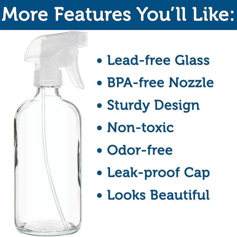 Sally's Organics® Empty Clear Glass Spray Bottles - Refillable 16 oz Containers for Essential Oils, Cleaning Products, Aromatherapy, Misting Plants, or Cooking - Sprayer with Mist and Stream - 2 Pack by GreenHaven Gardens