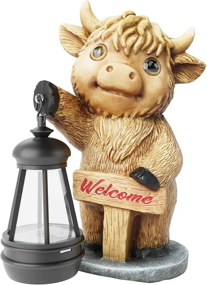 Highland Cow Statues with Solar Lights, Highland Cow Resin Figurine Lights, Highland Cow Ornaments for Patio, Balcony, Indoor Decoration and as Gifts by GreenHaven Gardens