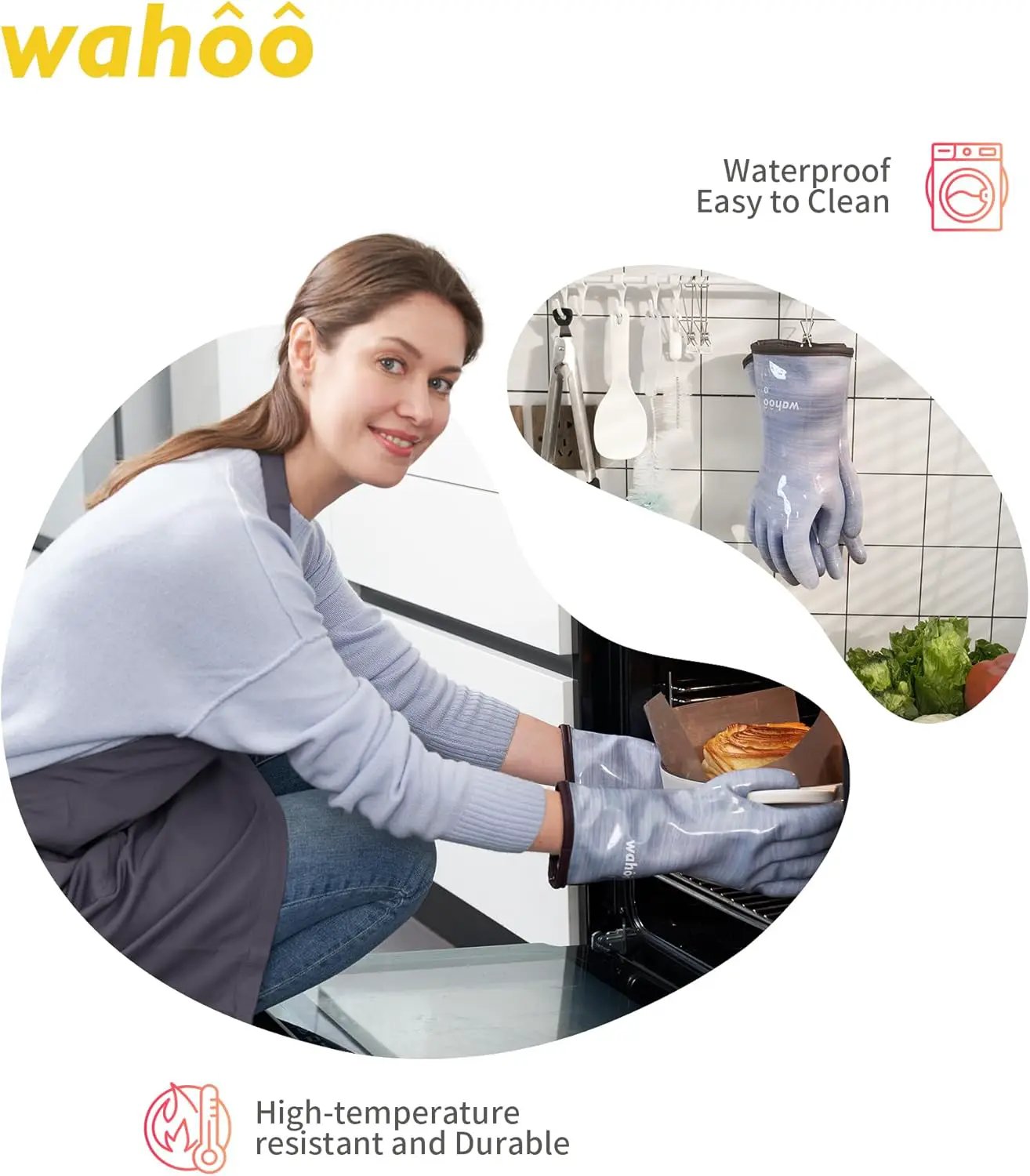 wahoo Professional Liquid Silicone Oven Mitts Gloves, Heat Resistant Gloves for Cooking, Baking, CoralAir Liner, 12 Inch, Purple, XXL by GreenHaven Gardens
