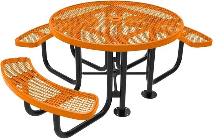 Heavy-Duty Portable Outdoor Picnic Table with Umbrella Hole, Expanded Metal Patio Dining Furniture Made in America (46" Round Top, Orange) by GreenHaven Gardens