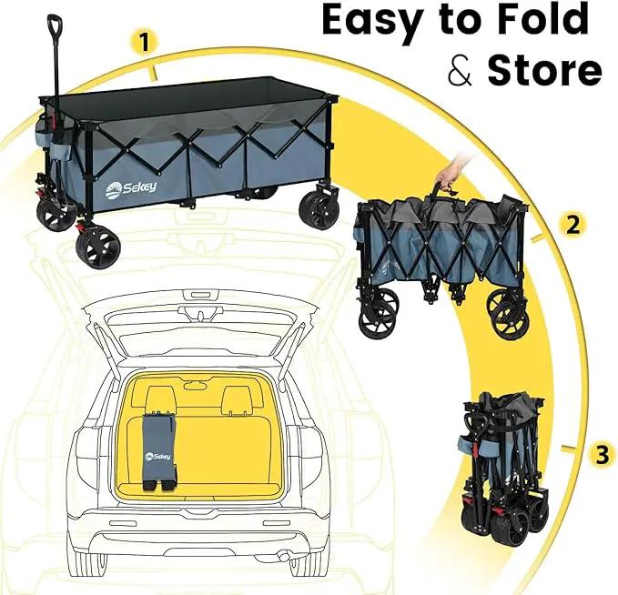 Sekey 48''L Collapsible Foldable Extended Wagon with 440lbs Weight Capacity, Heavy Duty 300L Folding Utility Garden Cart with Big All-Terrain Beach Wheels & Drink Holders. Blue&Grey by GreenHaven Gardens