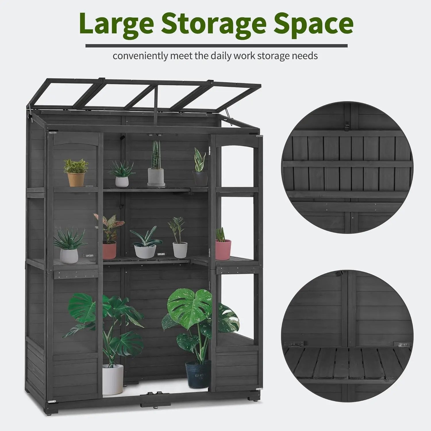 MCombo Wooden Greenhouse, Walk-in Outdoor Greenhouse with Openable Roof and Lockable Door, 0899 (Dark Grey) by GreenHaven Gardens