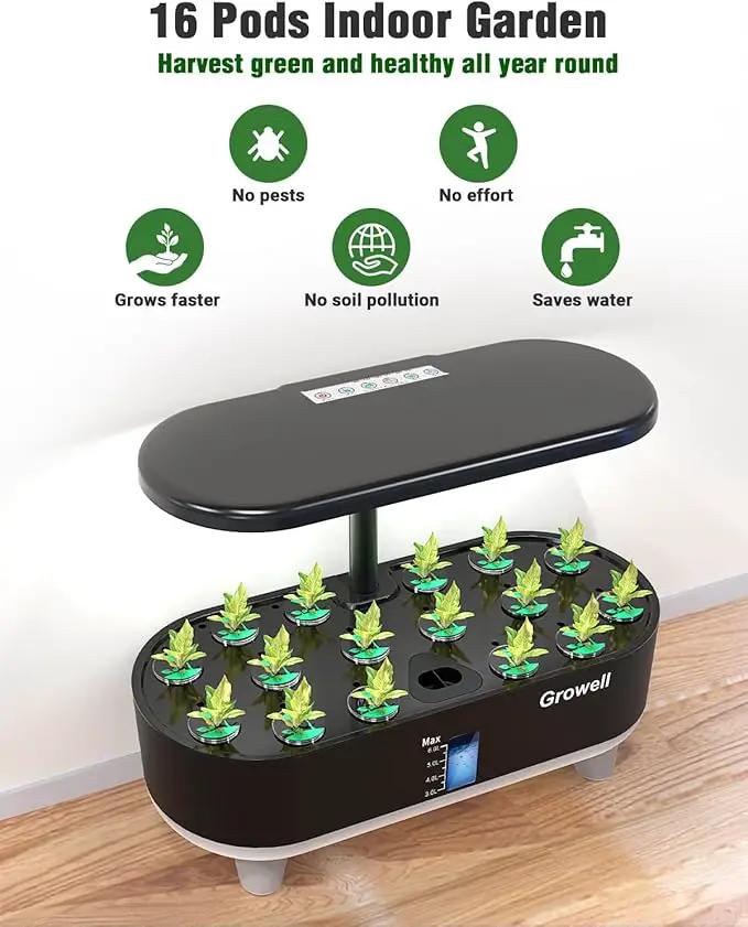 Hydroponics Growing System Kit, 16 Pods Indoor Garden with 28W Full Spectrum LED Grow Light, Auto Timer, 3 Smart Light Modes, 8L Large Herb Garden, Ideal Gardening Gift for Women, Men (Black) by GreenHaven Gardens