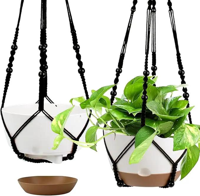 Hanging Planter Self Watering 10 Inch, 2 Pack Indoor Outdoor Hanging Baskets, Hanging Flower Pots with Drainage Hole & 2 Kinds of Plant Hangers for Garden Home Decor(Black Hanger by GreenHaven Gardens