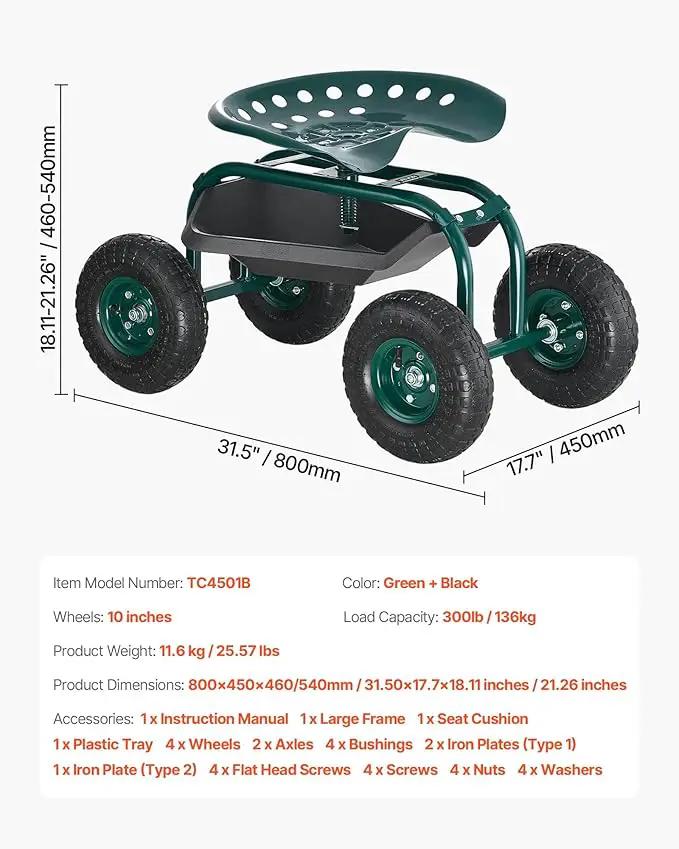 VEVOR Rolling Garden Cart with Swivel Seat, Heavy Duty Garden Seat with Storage Basket & Tool Tray, 300 lbs Weight Capacity, Outdoor Utility Gardening Stool Scooter for Lawn Yard Planting Weeding by GreenHaven Gardens