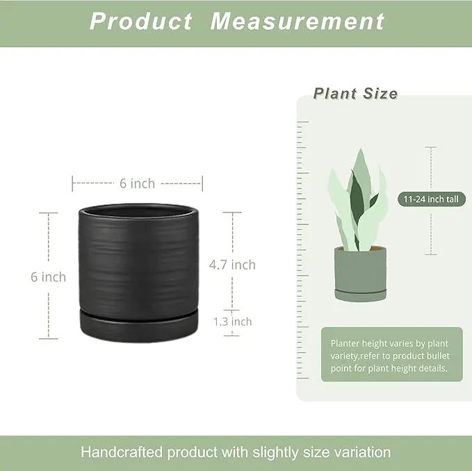 6 Inch Plant Pots, Ceramic Planter Pot with Drainage Hole & Saucer, Indoor/Outdoor Cylinder Round Planter Pot, Matte Black by GreenHaven Gardens