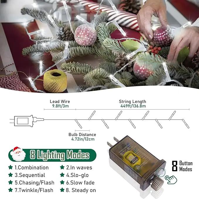Heceltt 1140 LED 449 FT String Lights Outdoor, 8 Modes White Christmas Lights Plug in, IP44 Waterproof Led String Lights with Timer and Memory for Xmas Tree Yard Party Garden Decorations by GreenHaven Gardens