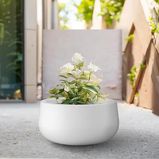 Kante 11.8" Dia Round Concrete Planter, Cement Plant Pots with Drainage Hole and Rubber Plug for Outdoor Indoor Garden Home, Modern Curvaceous Design, Pure White by GreenHaven Gardens
