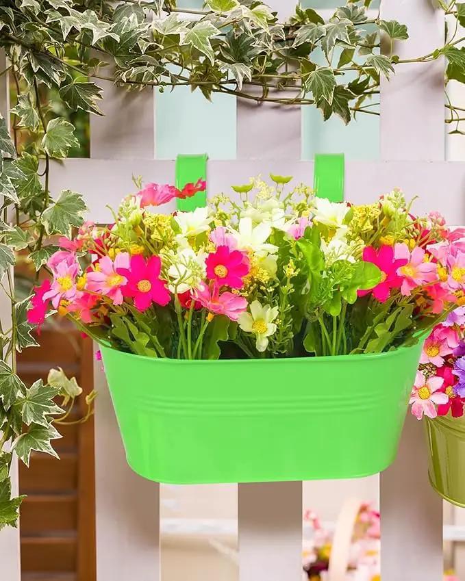 Metal Railing Planter for Outdoor Plants - 3 Pack Balcony Hanging Flower Pots with Detachable Hooks and Drain Holes Oval Bucket Rail Box Fence Planters for Home Garden Decor, Green Yellow Blue by GreenHaven Gardens