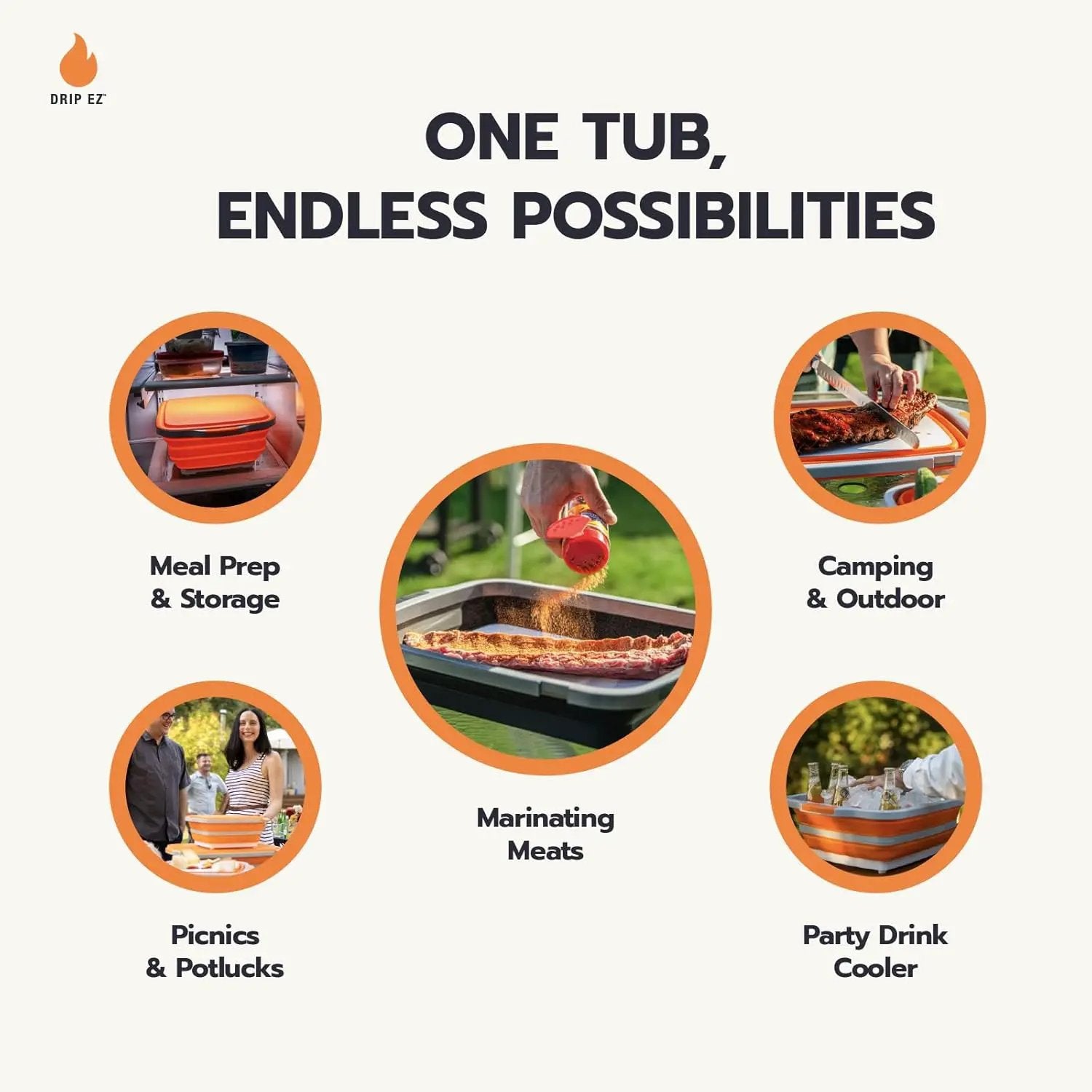 Drip EZ Collapsible BBQ Prep Tubs 3-Piece Set- For Meal Prep Marinating Food Storage - Includes Cutting Board & Lid - (1) JR - Black + (1) OG - Orange + (1) XL - Black by GreenHaven Gardens