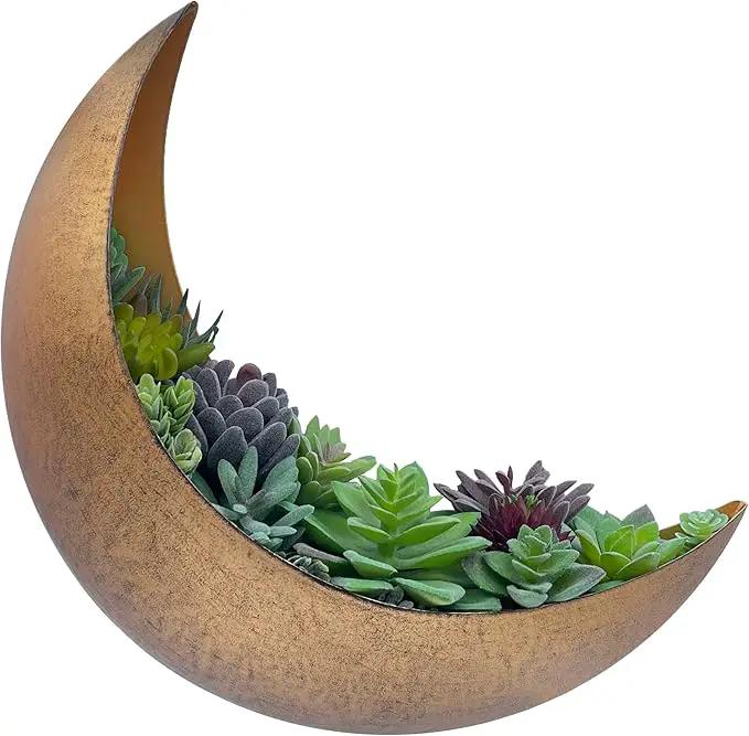 Wall Mounted Metal Moon Planter - Hanging Crescent Pot for Succulents, Air Plants, Cacti - Boho Indoor Outdoor Moon Wall Decor for Bedroom, Bathroom, Living Room, Nursery - Rustic Gold by GreenHaven Gardens