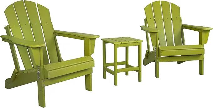 WO Home Furniture Adirondack Chairs Table Set of 3 PCS Outdoor Folding Chairs Side End Table Weather/UV Resistant for Lawn, Garden, Bon Fire, Balcony (Lime) by GreenHaven Gardens