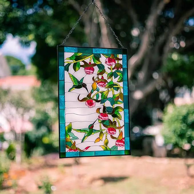 VEWOGARDEN W10xH15 inch Hummingbird Stained Glass Window Hangings, Suncatcher Panel with Chain for Wall or Windows by GreenHaven Gardens