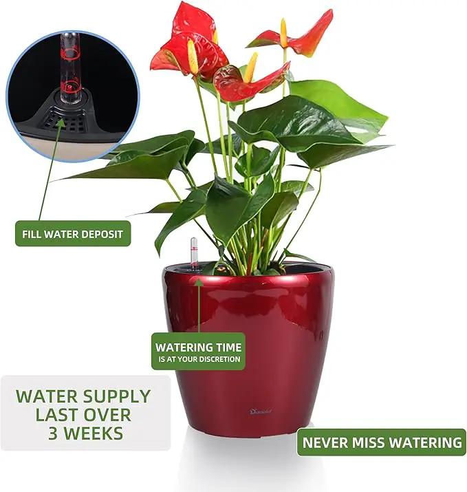 Dexceder 11x10 Inches High Gloss Self Watering Planter Indoor Outdoor, Inner Pot Design, Thickened Table Flower Plant Pot with Water Level Indicator (Red) by GreenHaven Gardens