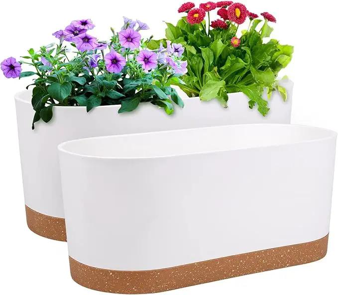 QCQHDU 16" L x 7.6" W x 7" H Window Planter Box, 2 Pack Self Watering Pots for Indoor Plants with Drainage Holes & Saucer, Outdoor Flower Pots Home Garden Modern Decor by GreenHaven Gardens