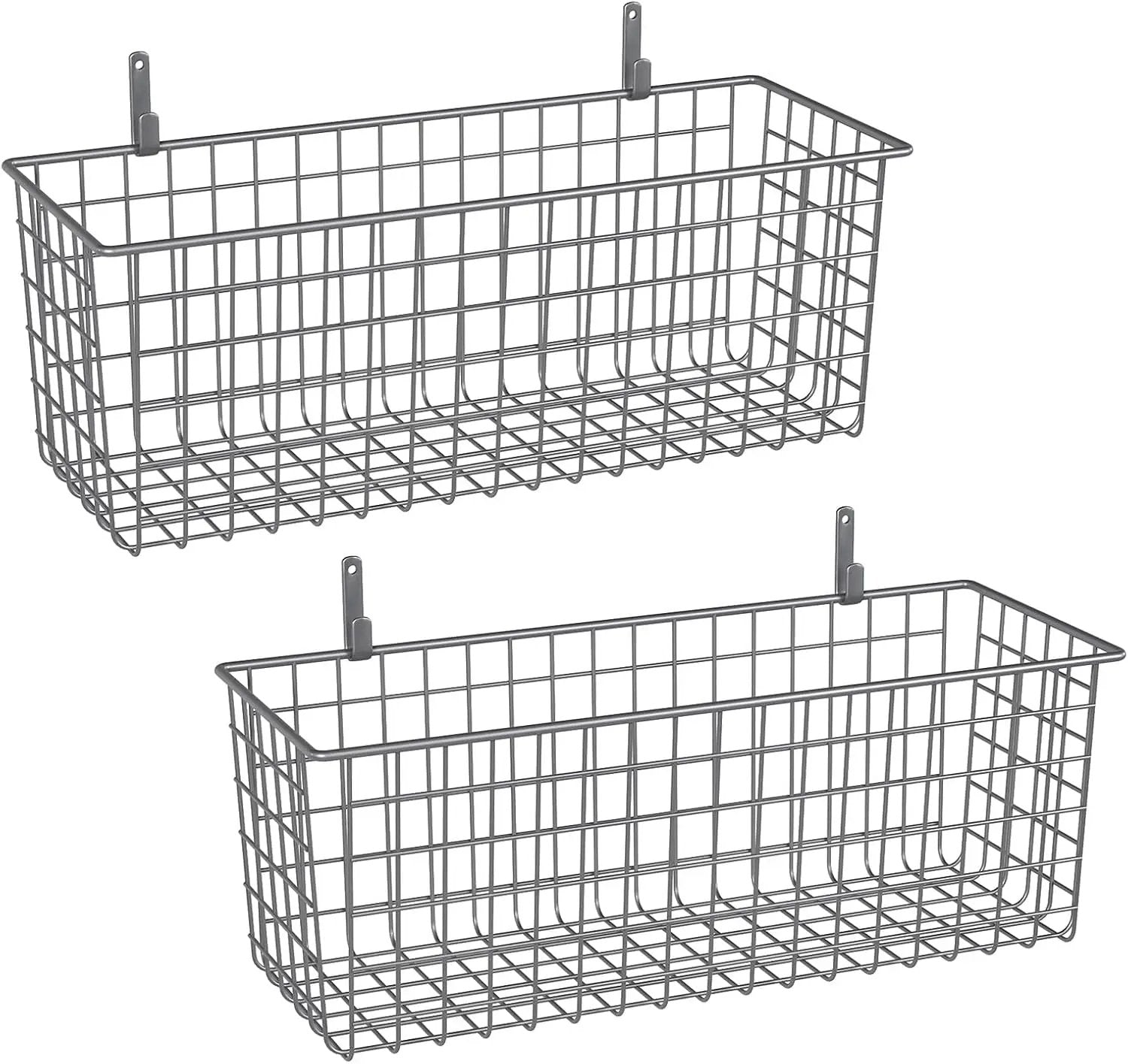 2 Sets Extra Large Hanging Wall Basket, Grey Metal Wire Baskets with Steel Hooks for Organizing, WallmountedFruit Vegetable Toy Snack Storage, Home Kitchen Bathroom Laundry Pantry Organizer by GreenHaven Gardens