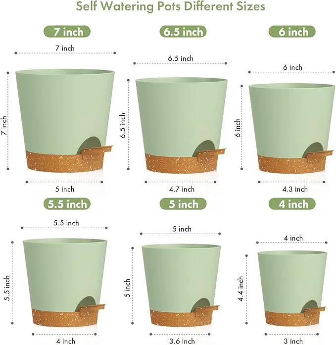 7/6.5/6/5.5/5/4 inch Self Watering Pots for Indoor Outdoor Plants, 6 Pack Plastic Flower Planters with Drainage Holes and Removable Saucers, Plant Pots with Wicking Rope, Green Brown by GreenHaven Gardens