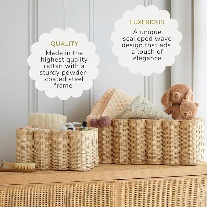 BEBE BASK Unique Wavy Scalloped Basket Set Of 2 - Scallop Basket - 16 x 10 x 7 In - Hand-Woven Elegant Wicker With Scalloped Edge Lid - Nursery Storage - (Earthy) by GreenHaven Gardens