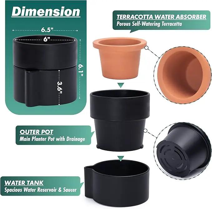 Phoenix Vine 6.5 Inch Self-Watering Planter Pot with Terracotta Insert, Deep Water Reservoir, and Ceramic-Alike BPA-Free Plastic Planter Pot for Plant, Modern Planter for Houseplants, Black, 53-A-S-2 by GreenHaven Gardens