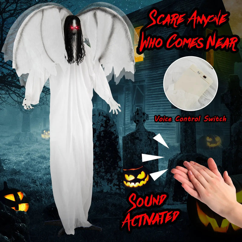 6.6 Feet Halloween Animatronic Standing Angel with Sound-Activated Light-up Eyes and Flapping Wings by DirectDeals