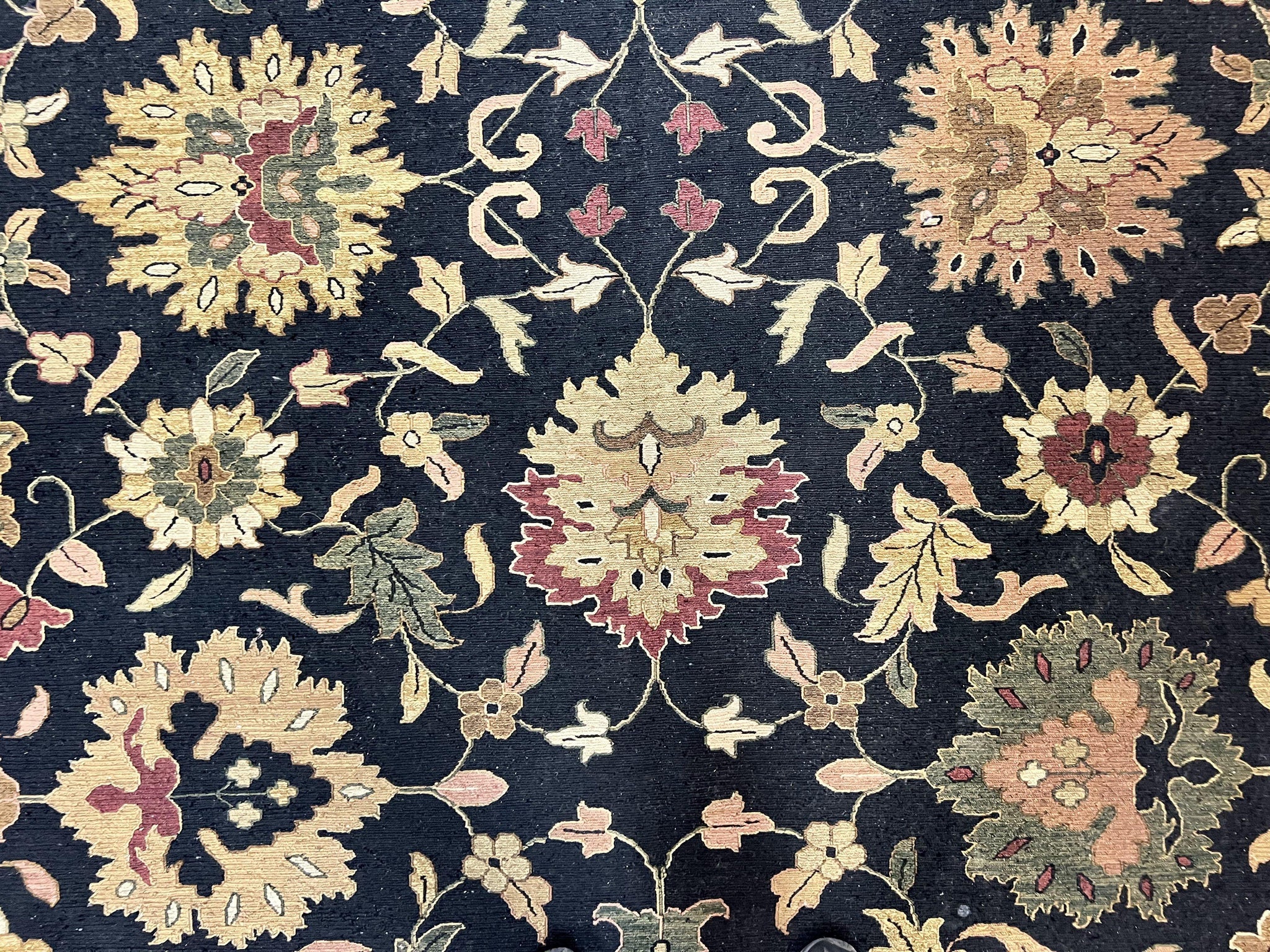 Indo Persian Rug 10x14, Wool Handmade Room Sized Floral Oriental Carpet, Indian Mahal Flatweave Rug, Black Beige by Jewel Rugs
