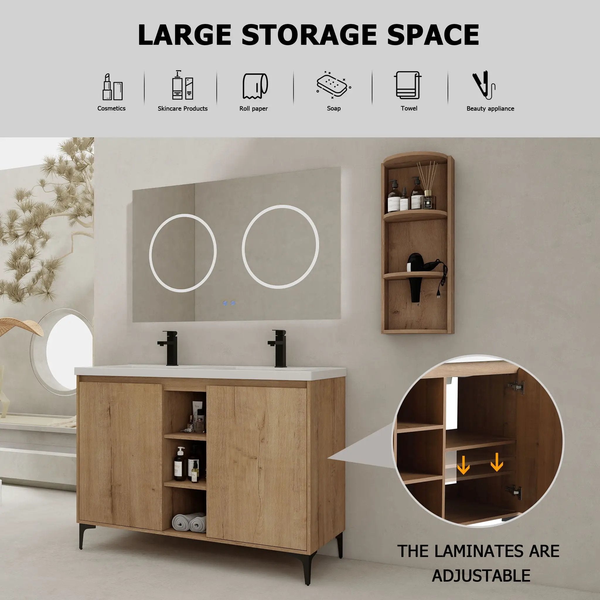 Elegant 48" Freestanding Bathroom Vanity With Double Resin Sink And Storage Rack Soft Close Doors - Imitative Oak by Unique Piece Furniture