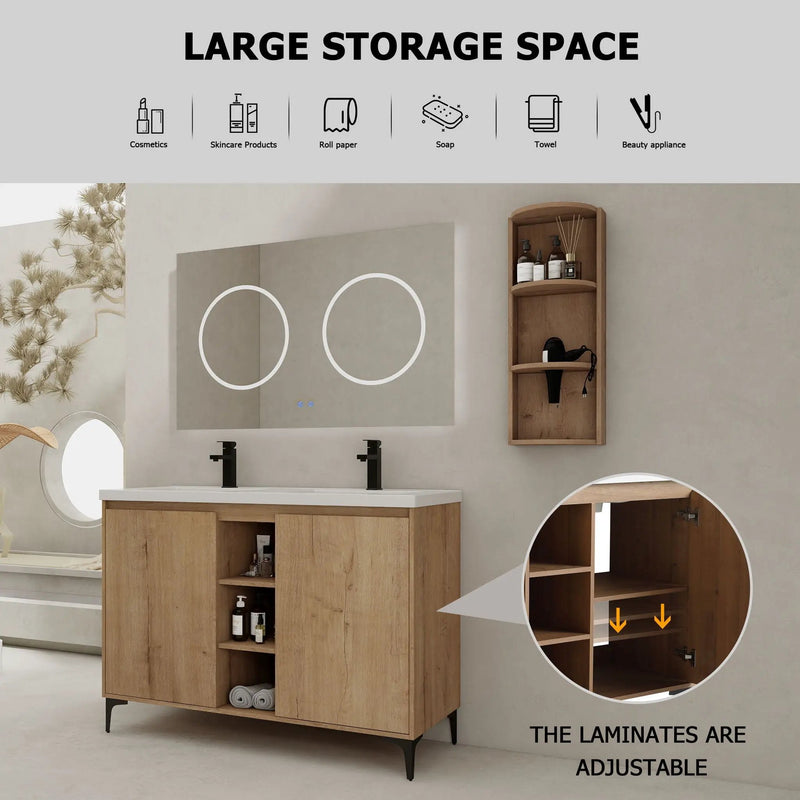 Elegant 48" Freestanding Bathroom Vanity With Double Resin Sink And Storage Rack Soft Close Doors - Imitative Oak by HouseOfZazla