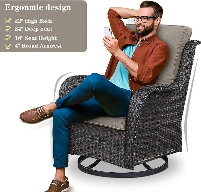 Outdoor Patio Furniture Set with Propane Fire Pit Table, 7 Pieces Wicker Patio Conversation Set with 2 Swivel Glider Rocker Chair Rattan Sofa Grey Cushion Perfect for Casual Gathering by GreenHaven Gardens