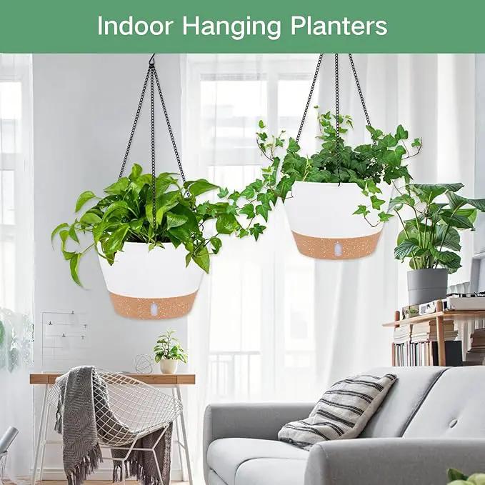 QCQHDU 2 Pack 8 inch Hanging Planters for Indoor Plants, Outdoor Hanging Baskets, Self Watering Pots with Drainage Holes & Removable Tray (White, 8 inch) by GreenHaven Gardens