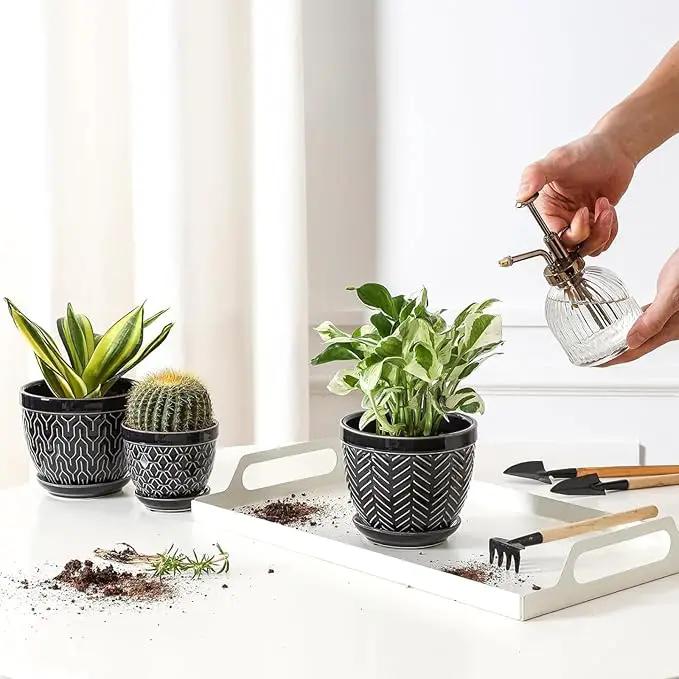 Sureasy Succulent Pots, 3.5 Inch Flower Pots for Indoor Plants, Small Plant Pots with Saucer & Drainage, Decorative Ceramic Planters for Succulent, Cactus, Set of 4, Black by GreenHaven Gardens