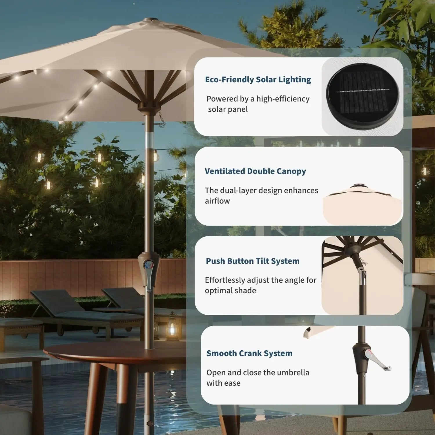 10FT Solar Umbrella 32 LED Lighted Patio Umbrella Table Market Umbrella w/Tilt and Crank, UV-Resistant Outdoor Umbrella for Pool, Garden, Deck, Beige by GreenHaven Gardens