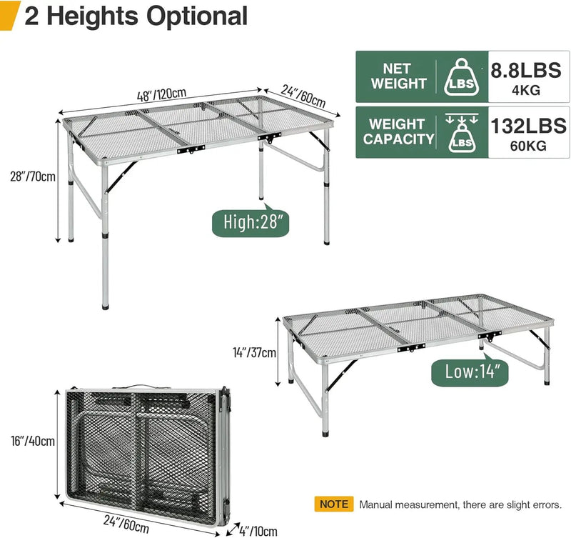 RedSwing Portable Grill Table for Outside, Aluminum Folding Grill Stand Table for Outdoor Camping Picnic BBQ, Lightweight Adjustable Height, (48"x24"x15"/28" Sliver) by GreenHaven Gardens