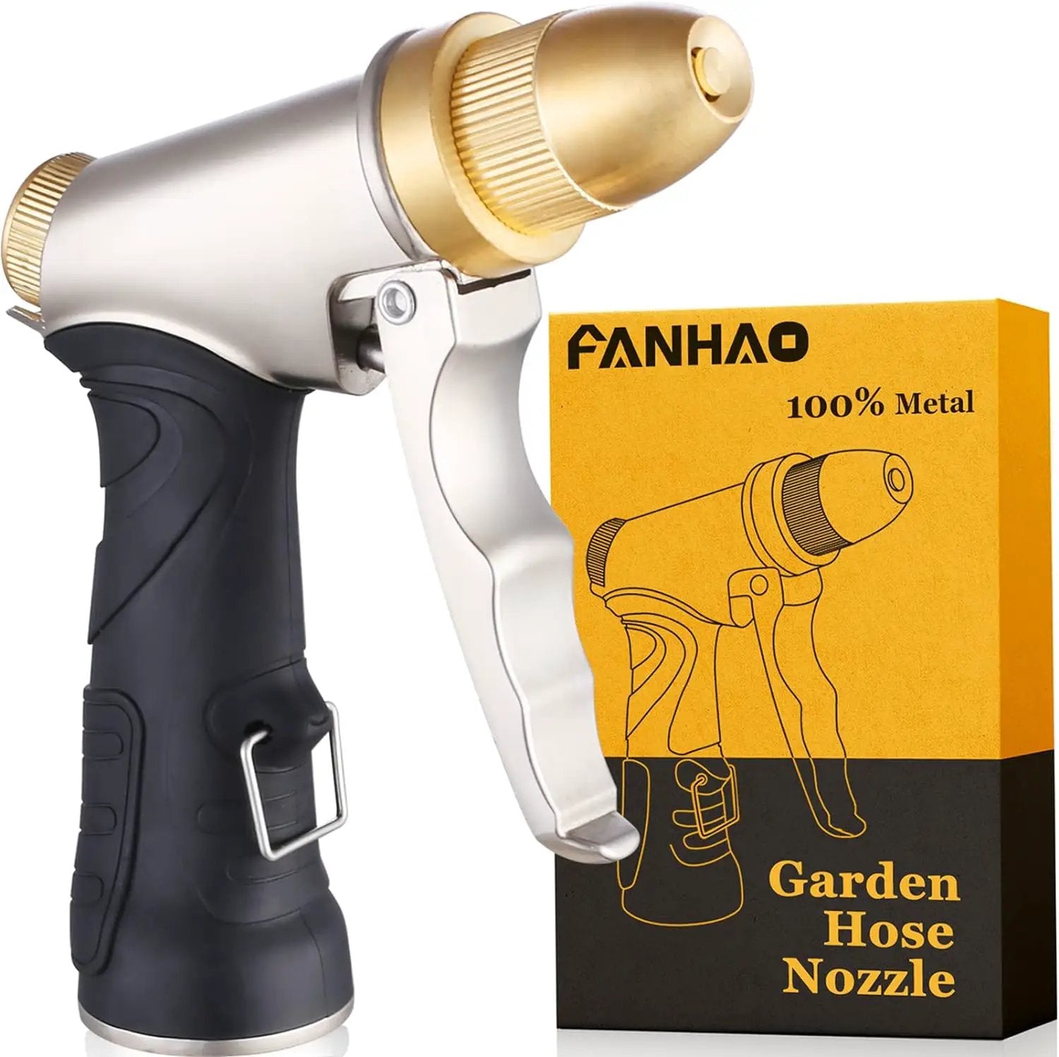 FANHAO Garden Hose Nozzle, 100% Heavy Duty Metal Spray Nozzle High Pressure Water Nozzle with 4 Patterns for Watering Garden, Washing Cars and Showering Pets - Full Brass Nozzle + ABS Non-Slip Grip by GreenHaven Gardens