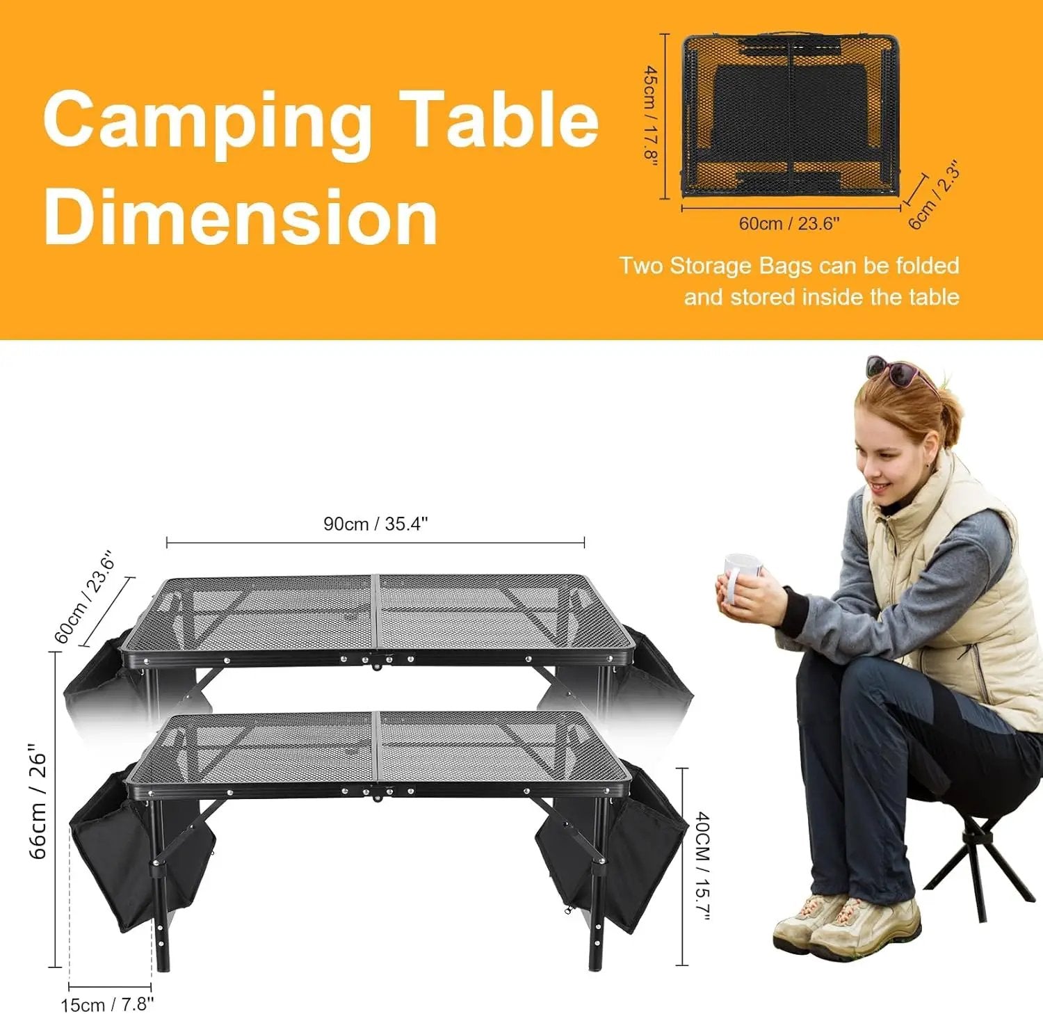 Camping Table 3FT Grill Table with 2×7/15L Storage Bag Foldable Folding Table Picnic Portable Stand Mesh 2 Height Adjustable Outdoor Card BBQ 35.4×23.6×26 inch by GreenHaven Gardens