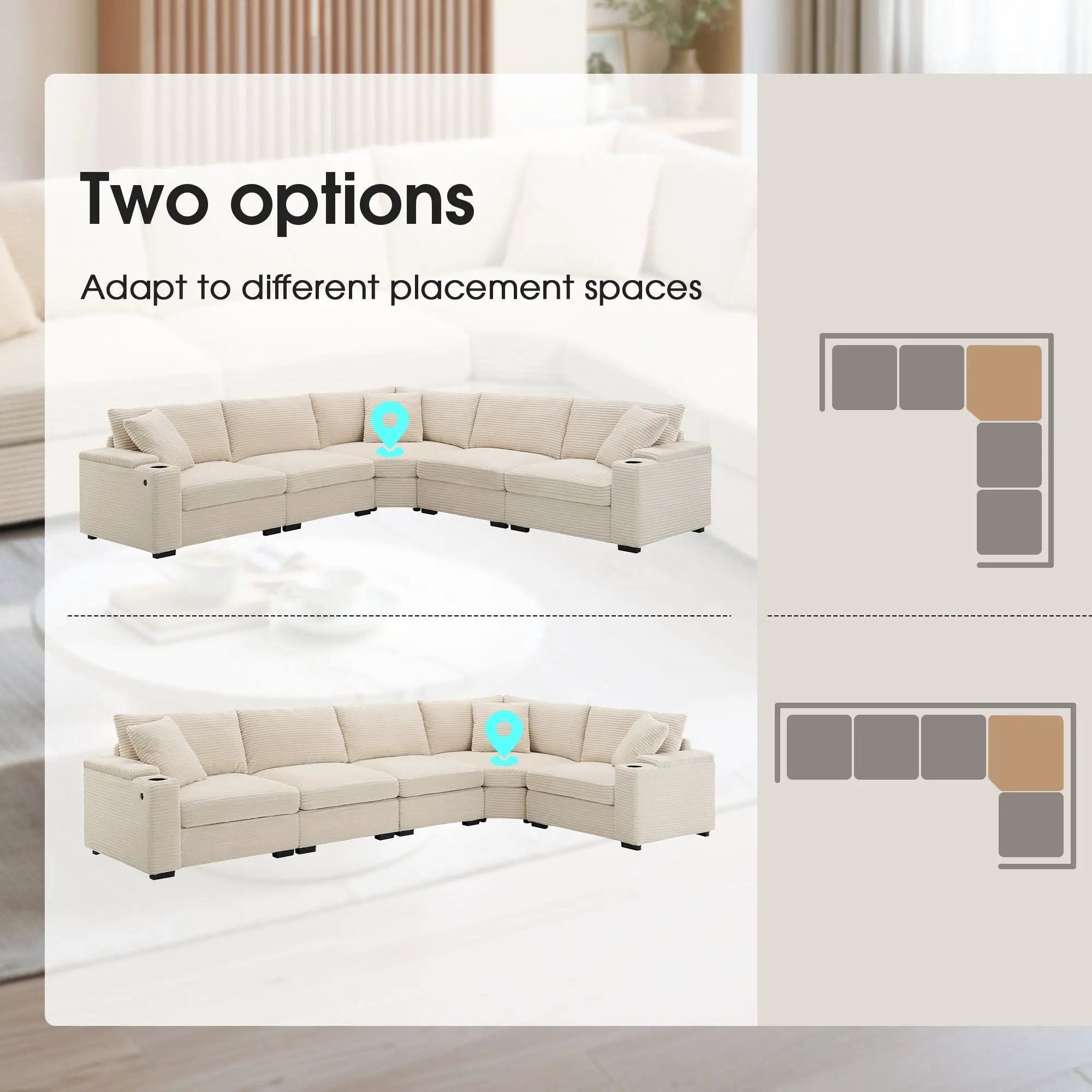 Convertible L Shaped Sectional Corner Couch With Armrest Storage Cup Holders USB Charger, Irregular Corner Oversized Comfy Modular Sofa by HouseOfZazla
