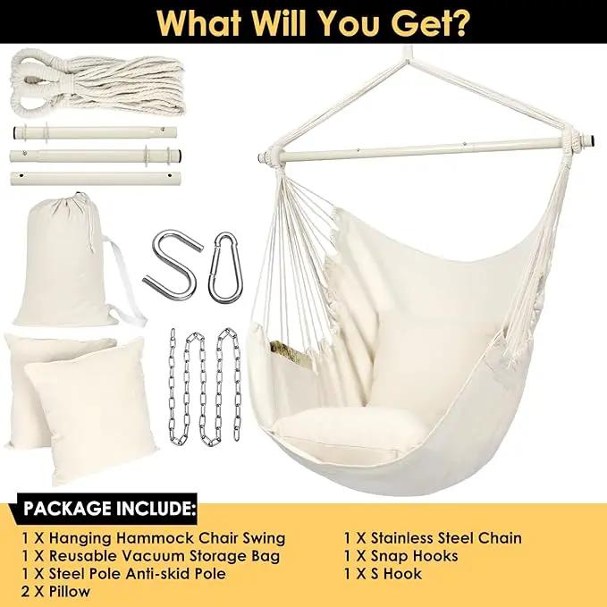 Y- STOP Hammock Chair Hanging Rope Swing Chair, Max 500 Lbs, 2 Seat Cushions Included, Removable Steel Spreader Bar with Anti-Slip Rings for Indoor or Outdoor(Beige) by GreenHaven Gardens