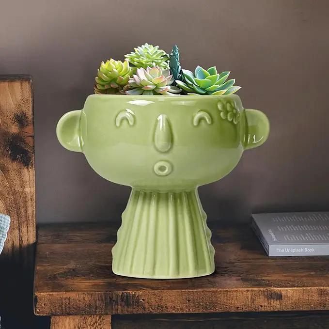 Face Planter Pot - 7 Inch Ceramic Head Planter for Indoor Plants Outdoor, Cute Succulent Flower Pots with Drainage Hole, Room Home Garden Decor, Gardening Gifts, Green by GreenHaven Gardens