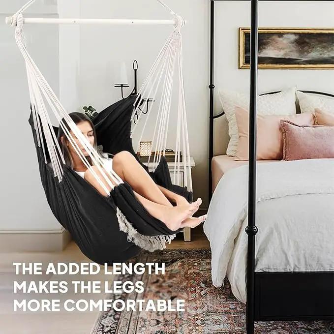 Chihee Hammock Chair Hanging Chair with Foot Rest 2 Cushions Max 500lbs Robust Metal Spreader Bar Collapsible Easy Storage Soft Cotton Swing Chair Strong Strap Iron Carabiner Side Pocket Included by GreenHaven Gardens