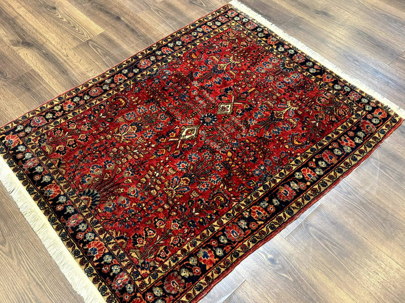 Antique Persian Sarouk Rug 3x4, Red, Floral, 1920s Wool Rug by Jewel Rugs