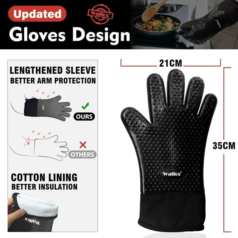 Walfos Silicone BBQ Gloves - Heat Resistant Grilling Gloves, Premium Non-Slip Kitchen Silicone Oven Mitt With Protective Cotton Layer Inside, Waterproof, Great for Grilling, Kitchen and Cooking, Black by GreenHaven Gardens