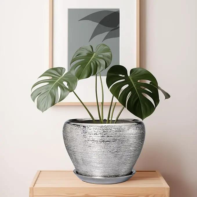 Flower Pot - 10 Inch Planter with Drainage Hole and Saucer - Indoor/Outdoor Decorative Mid-Century Planter - Silver by GreenHaven Gardens