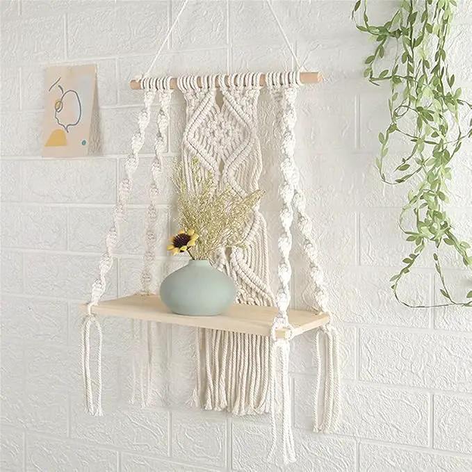 Macrame Wall Hanging Plant Decor Shelf Indoor Outdoor Floating Wood shelve Decorative Hand Made Rope Boho Shelving for Plants by GreenHaven Gardens