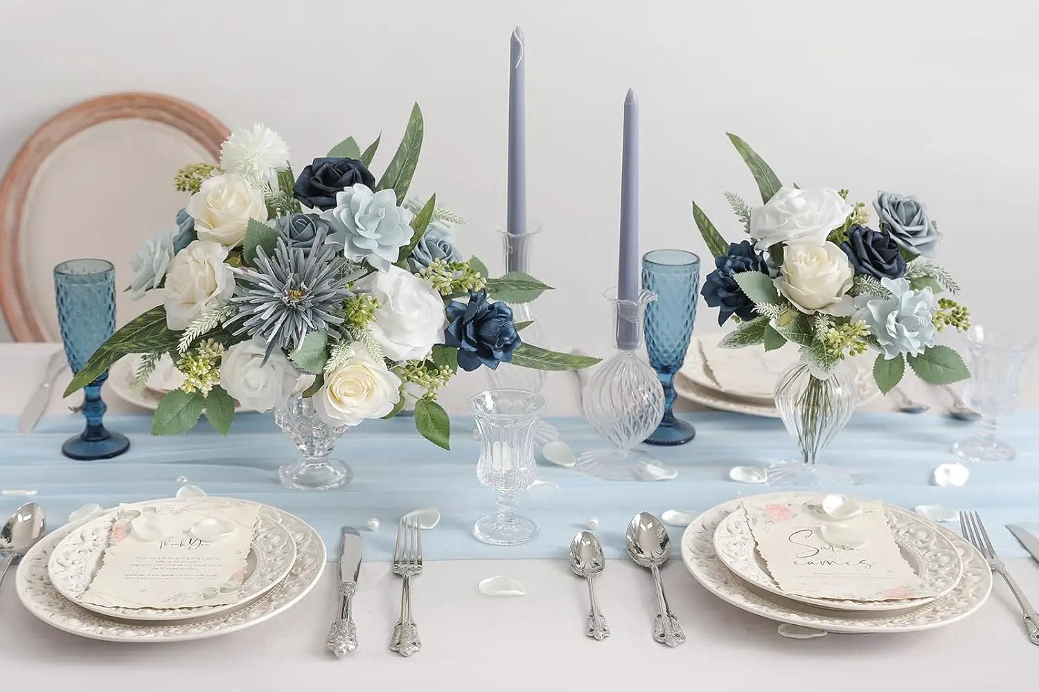 Blue White Artificial Flowers Silk Fake Roses Peonies Greenery Combo Box Set for DIY Wedding Bouquets Bridal Shower Centerpieces Floral Arrangements Party Tables Home Decoration by GreenHaven Gardens