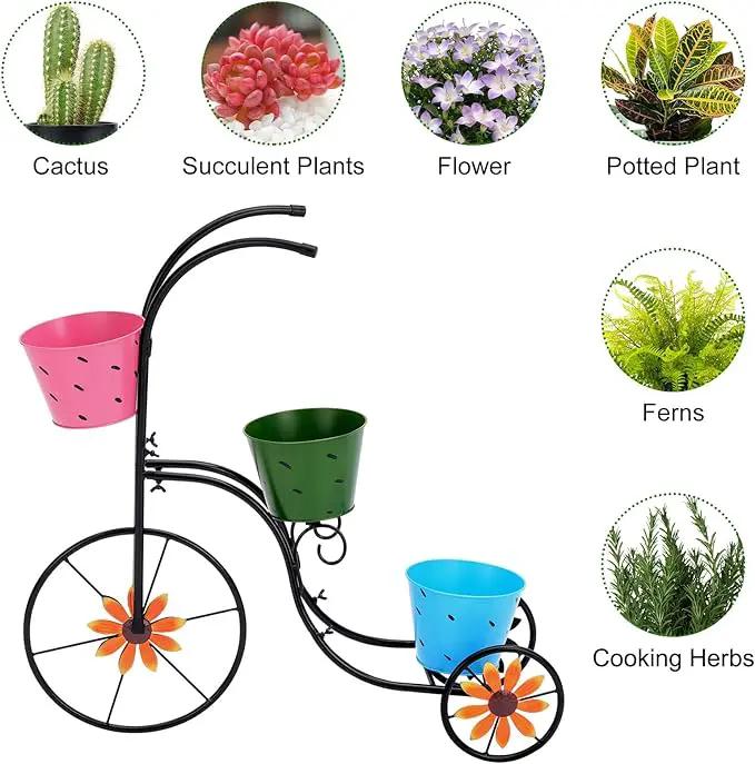 BAYN Bicycle Planter Stand, Metal Flower Pot Cart Holder with 3 Plant Bucket Outdoor Decorative for Patio, Deck, Garden or Lawn by GreenHaven Gardens